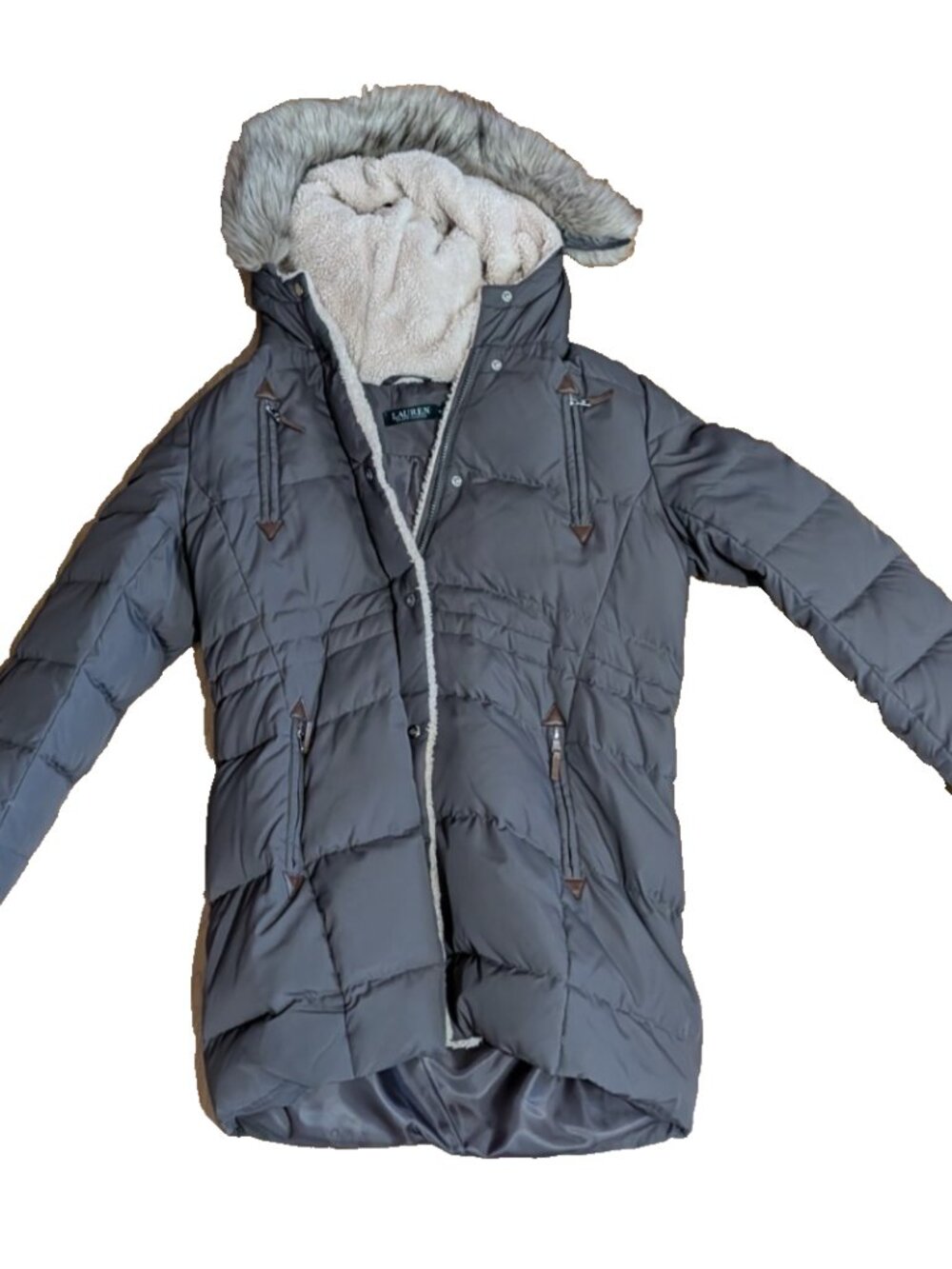 Lauren Ralph Lauren Womens Medium Down Puffer Coat Jacket faux Fur Lined Hood